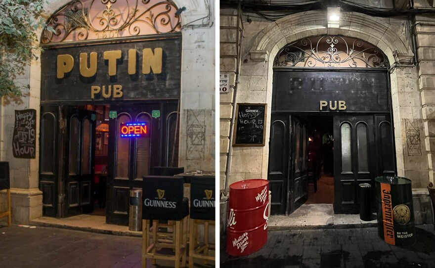 This composite image shows the Putin pub before and after having "Putin" removed from its name. Now it just says Pub above the door with an empty space where "Putin" was. 