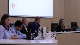 Wichita Board of Education members sit at their seats during a meeting in January. From left to right: board members Amy Warren, Ngoc Vuong, Stan Reeser, Superintendent Kelly Bielefeld and board member Diane Albert.