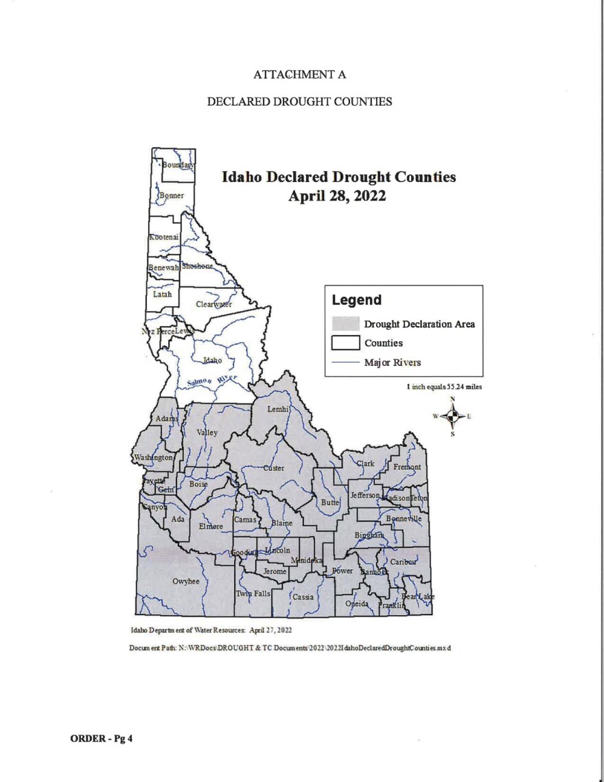 A map of counties in Idaho where a drought declaration was issued April 28, 2022.