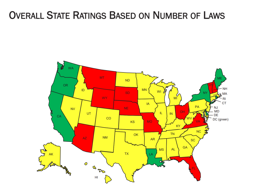 Map of the U.S. in red, yellow and green
