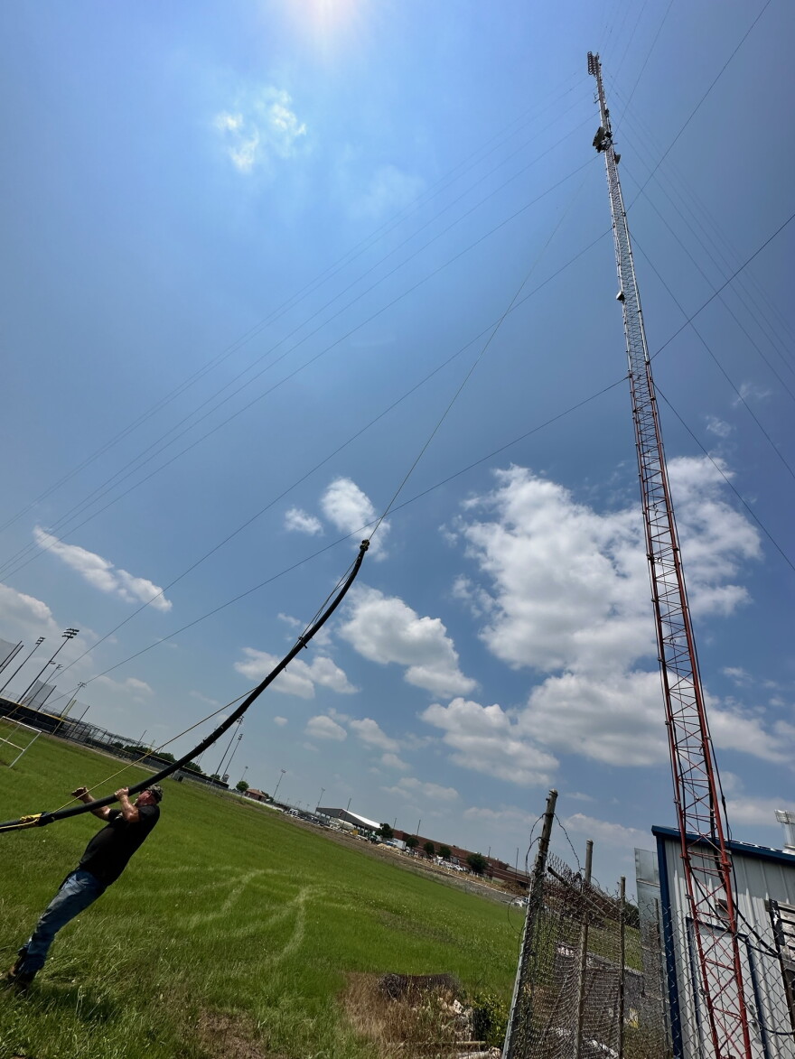  Work continues on May 23 at KETR's broadcast tower site in Commerce.