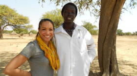 Hélène Biandudi with Angelina Mading, who is the first in her family to attend school in South Sudan.