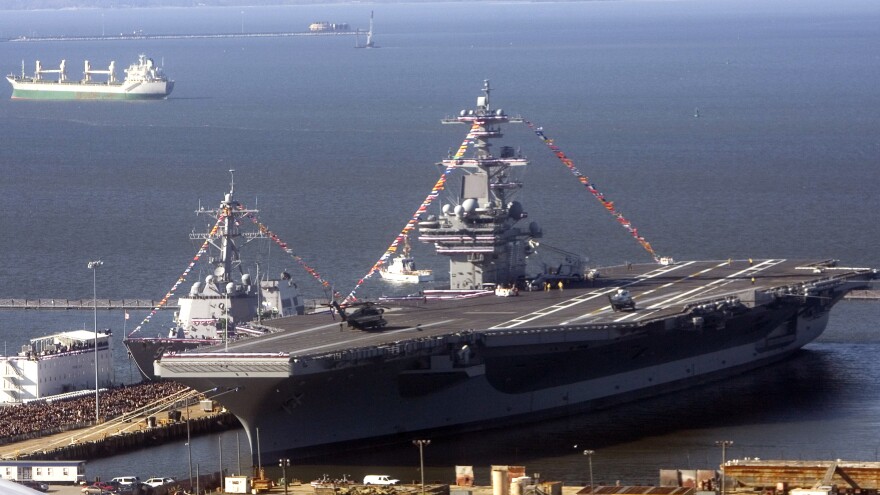 An aerial view of the USS George H.W. Bush in Norfolk, Va., in 2009.