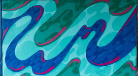 Amadeus Roy's Odyssey on the River mural depicts an abstract curvy blue line to represent a river with green around it represent the nature around it. There are magenta flourishes to accent the waves.