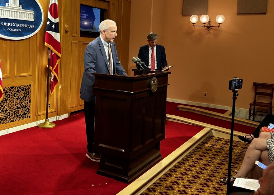 Senate President Matt Huffman (R-Lima) and Finance Chair Matt Dolan (R-Chagrin Falls) speak to reporters about the draft two year operating budget.