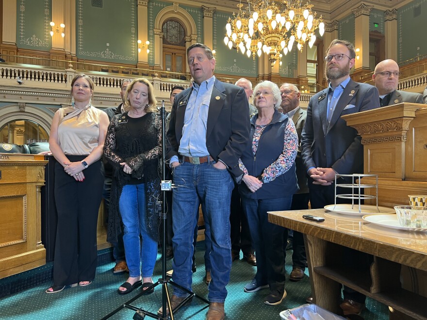 House Minority Leader Mike Lynch, center, flanked by his fellow House Republicans, recaps the session on Tuesday, May 9, 2023. His caucus walked off the floor in protest to a Democrat-backed measure hours before the session ended on Monday.