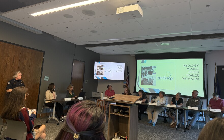 Albany Police Chief Marcia Harnden presents on Flock cameras at a community meeting, May 18, 2026.