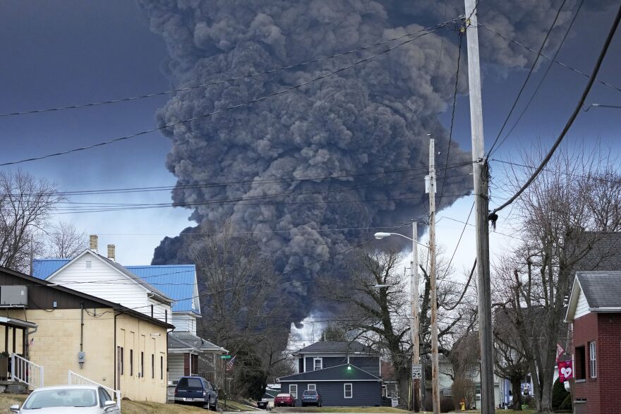 A large plume of smoke rises over houses on a street in East Palestine, Ohio. 