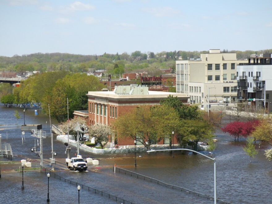 A view of Union Station in Davenport from the skybridge on May 1st. A temporary Hesco flood wall protects it from the flooding Mississippi River.