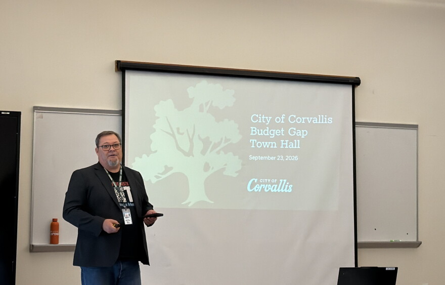 Corvallis Mayor Charles Maughan speaks at the first of four budget gap town hall meetings, Sept. 23, 2026.