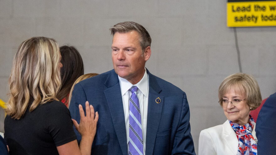 Kansas Attorney General Kris Kobach appears at a Sept. 14, 2026, rally by Vice President JD Vance at Webco Manufacturing in Olathe. Kobach's July finance report showed contributions from two donors that exceeded legal limits.