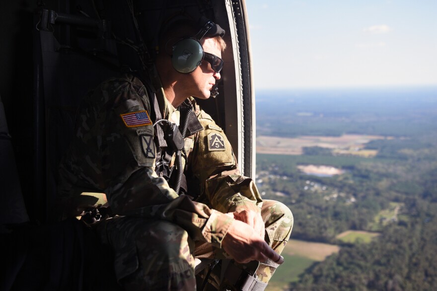 Lt. Gen. Jeffrey Buchanan surveys flooding and damage from Hurricane Florence during a helicopter ride from Raleigh to Wilmington, N.C., on Wednesday. Buchanan also assisted after Hurricane Maria in Puerto Rico.