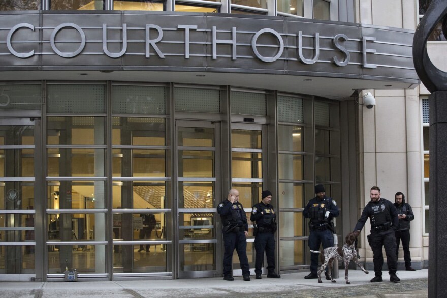 The Department of Homeland Security has personnel in place in front of the Brooklyn Federal Courthouse for the start of jury selection in the trial of Joaquin "El Chapo" Guzman, Monday, Nov. 5, 2018, in New York. (Mark Lennihan/AP)