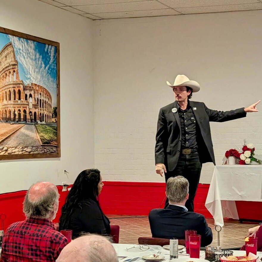 Clayton Tucker speaks at a campaign stop.