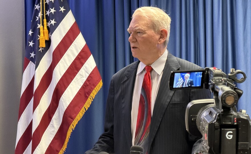 Butte County District Attorney Mike Ramsey speaks at a press conference following the arraignment of Bradley Scott Sayer on June 25, 2026, in Oroville, Calif.