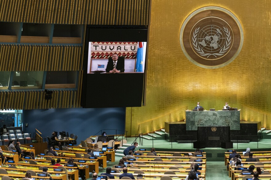 Tuvalu's Deputy Prime Minister Kausea Natano remotely addresses the 76th Session of the U.N. General Assembly at United Nations headquarters in New York, on Saturday, Sept. 25, 2021. (Eduardo Munoz/Pool Photo via AP)