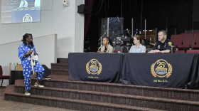 Iris Roley moderates a panel with Cincinnati City Manager Cheryl Long, CPD Senior Crime Data Analyst Jillian Desmond and CPD Chief Adam Hennie.