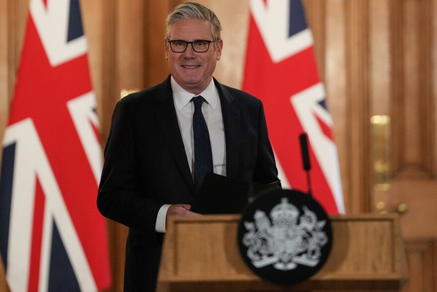 Britain's Prime Minister Keir Starmer leads a press conference to announce government action to protect children online, at Downing Street in central London, Monday, June 15, 2026. (Carlos Jasso/ Pool Photo via AP)