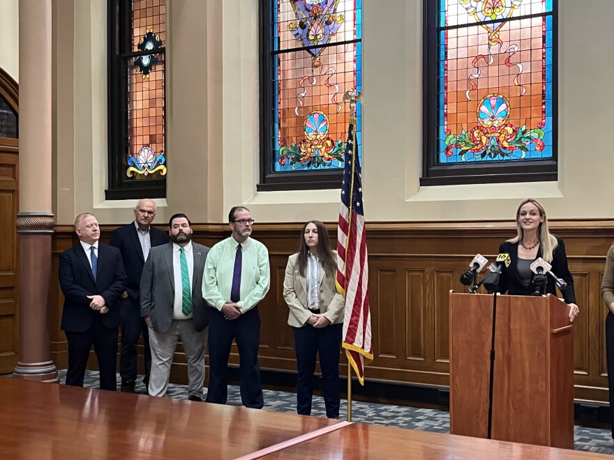 Scranton Mayor Paige Cognetti addresses two water main breaks in the city's downtown alongside four members of Scranton City Council.