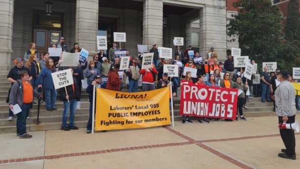 Local 955 workers gather for a protest at the steps of Jesse Hall on Nov. 4, 2023.