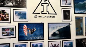 A wall showcasing Andy Irons' career at a launch party for the Billabong x Andy Irons Foundation at the Center of Radical Education in Haleʻiwa, Oʻahu on Jan. 17, 2026.
