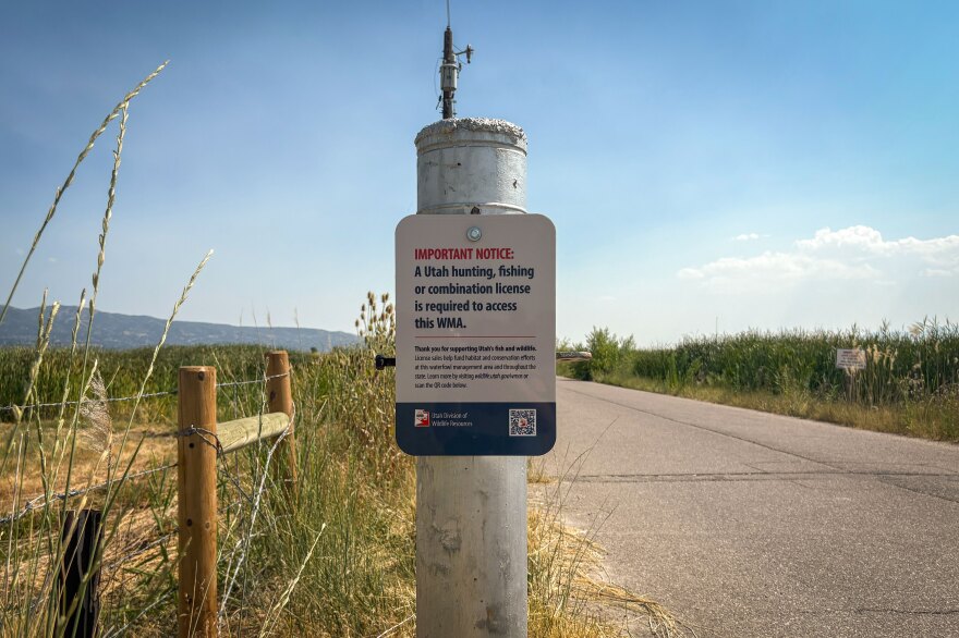 In 2025, the Utah Department of Natural Resources posted signs at Wildlife Management Areas, like this one at Farmington Bay, seen on July 24, 2025, to let people know they need a license to recreate.