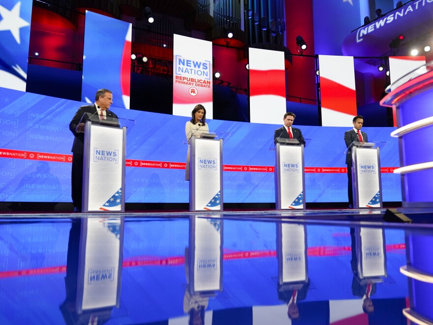 Republican presidential candidates from left, former New Jersey Gov. Chris Christie, former U.N. Ambassador Nikki Haley, Florida Gov. Ron DeSantis, and businessman Vivek Ramaswamy during a Republican presidential primary debate hosted by NewsNation on Wednesday, Dec. 6, 2023, at the University of Alabama in Tuscaloosa, Ala.