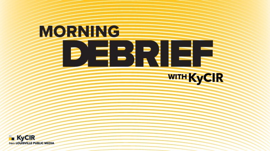 A yellow logo for KyCIR's Morning Debrief event series.