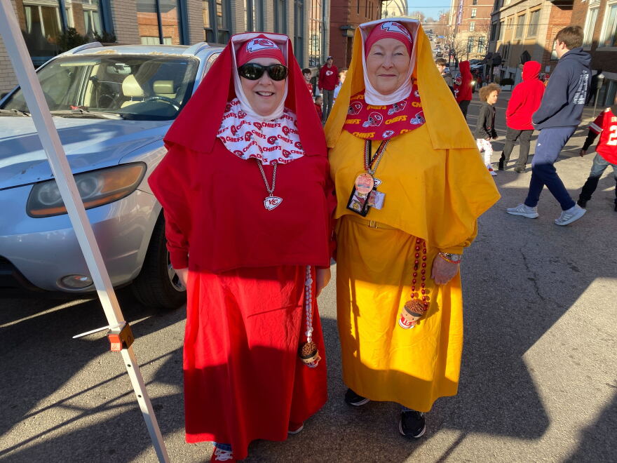 Kathleen Henderson (right) and Linda Hennessey (left) dressed as nuns at the Chiefs parade on Feb. 14, 2024.