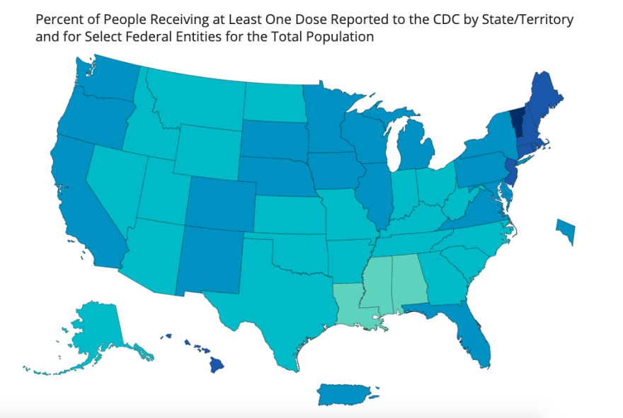 Percentage of the total population that has received at least one dose of a COVID-19 vaccine. Dark colors indicate a higher percentage, lighter colors represent a lower percentage. As of May 19, 2021.