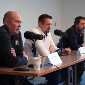 Ryan Tunseth, Dale Eicher and Nate Berga participate in a candidate forum hosted by KDLL 91.9 FM at the Soldotna Public Library in Soldotna, Alaska, on Thursday, Sept. 24, 2026.