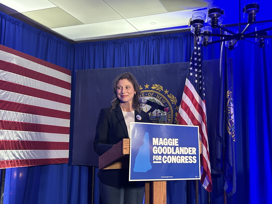 Maggie Goodlander addresses supporters in Concord on election night.