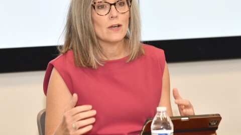 Gov. Katie Hobbs discusses the financial importance to Arizona for the federal government to extend the United Sates-Mexico-Canada Agreement on Friday.