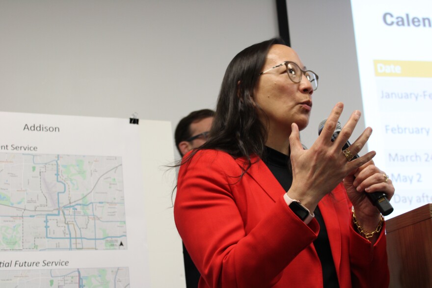 DART CEO Nadine Lee addresses the audience during a Feb. 11, 2026 community meeting on service changes in Irving.