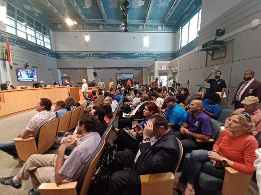 Packed commission chambers during a City of Miami meeting on June 17, 2025 to discuss ICE agreements and changes to city elections.