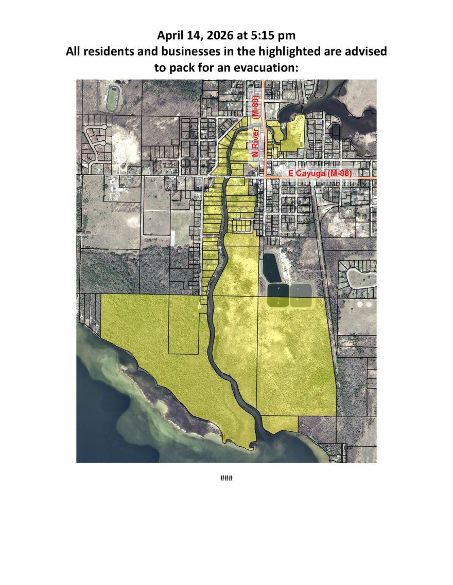 Area below the Bellaire Dam that is now under a "Ready" stage protocol, as water has reached within twelve inches of the dam top. Affected residents are advised to be prepared to leave and to pay close attention to emergency announcements. (Facebook page of Antrim County Emergency Management)