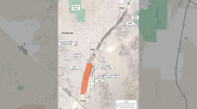 Map of location of Southern Nevada Supplemental Airport overlaid on a Google Map of the area south of Las Vegas.