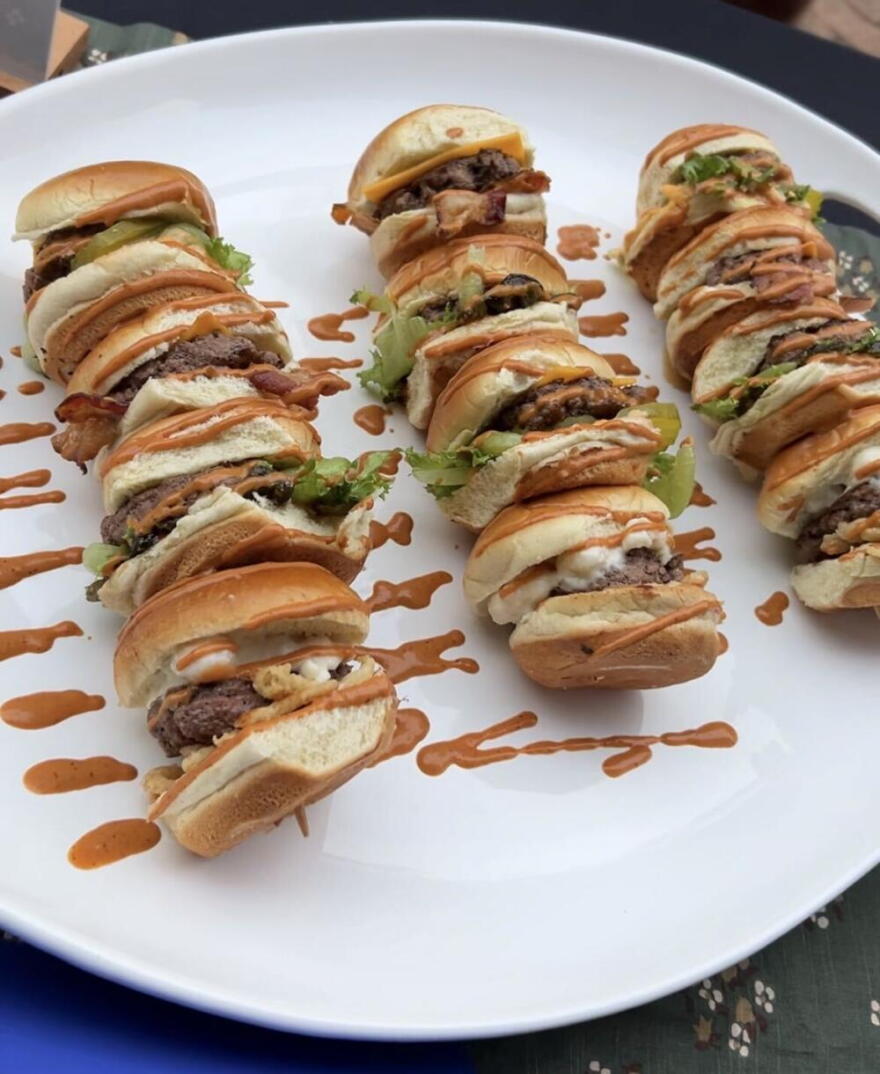 "The Stack" is a skewer of four specialty sliders from The Paddock at the Big E. (Solon Kelleher/WBUR)