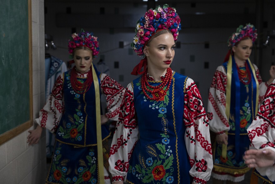 Dariya Medynska gathers with other members of the Voloshky Ukrainian dance ensemble before the International Spring Festival at North Penn High School in Lansdale, Pennsylvania.