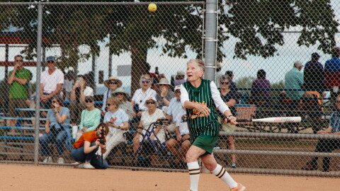 Barbara Jane Johnson, the oldest player on the Colorado Peaches at 92, hits a foul ball. Photo: Adrian O'Farrill, Rocky Mountain PBS.