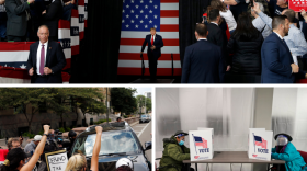Clockwise from top: President Donald Trump arrives at a rally in Toledo in January; early voters fill out their ballots in October in Cleveland; protestors block a car with Larry Householder inside in July.