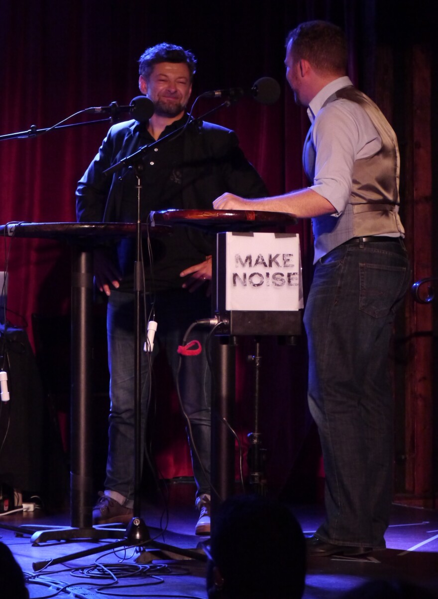 Andy Serkis adeptly describes British slang like "dummy" and "codswallop" to contestant Topher Ziobro, on stage at The Bell House in Brooklyn, NY.