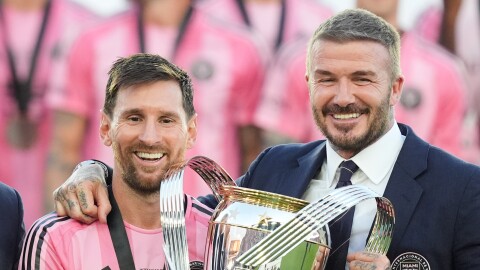 David Beckham poses with the MLS Cup trophy with Inter Miami forward Lionel Messi Saturday, Dec. 6, 2025, in Fort Lauderdale, Fla.