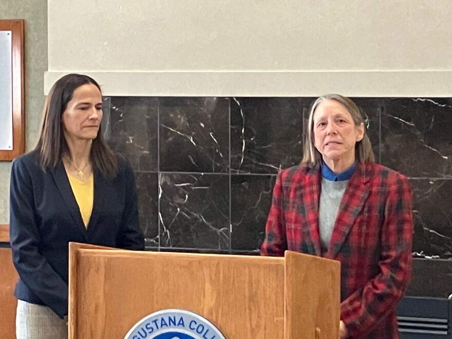 Augustana College president Andrea Talentino, left, and Trinity College of Nursing & Health Sciences Tracy Poelvoorde speak at a press conference Dec. 22, 2025 at the Rock Island private liberal-arts school, about acquiring the Rock Island-based health education organization.