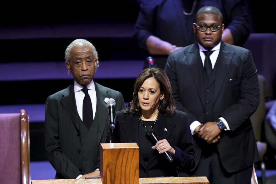 Vice President Kamala Harris speaks during the funeral service for Tyre Nichols at Mississippi Boulevard Christian Church in Memphis, Tenn., on Wednesday. Standing are the Revs. Al Sharpton and J. Lawrence Turner.