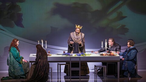Lisa Davidsen as Isolde: Ekaterina Gubanova (back to camera) as Brangäne: Ryan Speedo Green as King Marke: Tomasz Konieczny as Kurwenal: and Michael Spyres as Tristan in Wagner's "Tristan und Isolde."