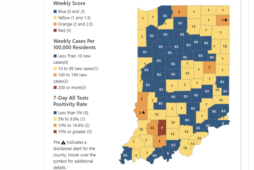 A screenshot of the ISDH's new COVID-19 county map.