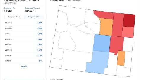 A map of Wyoming with much of central and eastern Wyoming colored to indicate power outages. 