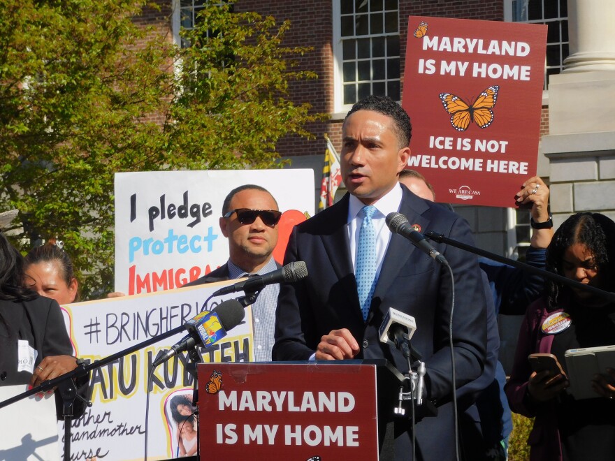 Sen. Will Smith speaks at a We Are CASA rally in support of the Community Trust Act on Friday outside the Maryland State House in Annapolis, Md.