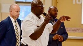 St. Louis Police Chief John Hayden speaks to residents at Clinton-Peabody Public Housing Complex on Friday.